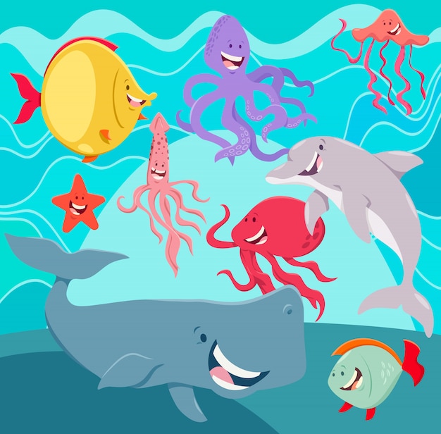 Vector sea life animals cartoon characters underwater