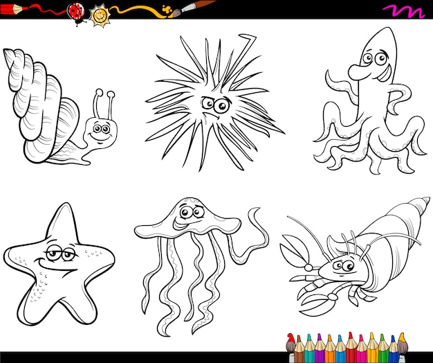 Sea life animals cartoon coloring page