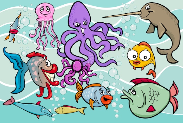 Sea life animals group cartoon illustration