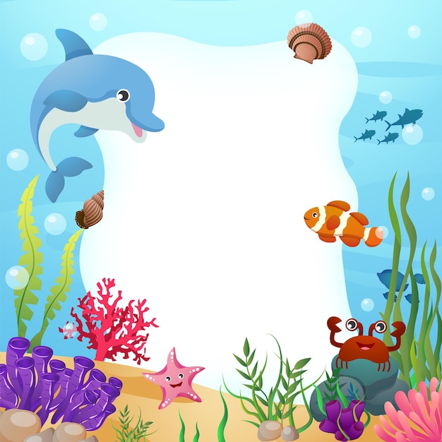 Vector sea life animals with ocean scene and rectangular copy space cartoon style vector