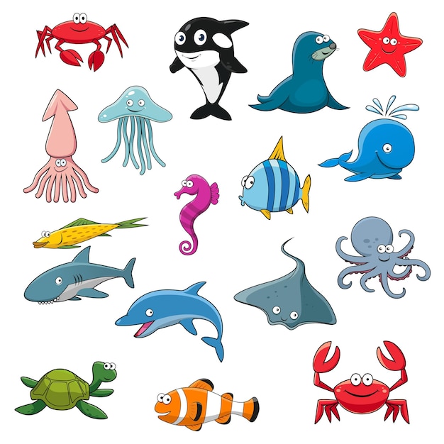 Sea life or cartoon underwater animal isolated smiling sea fish\
and ocean animals