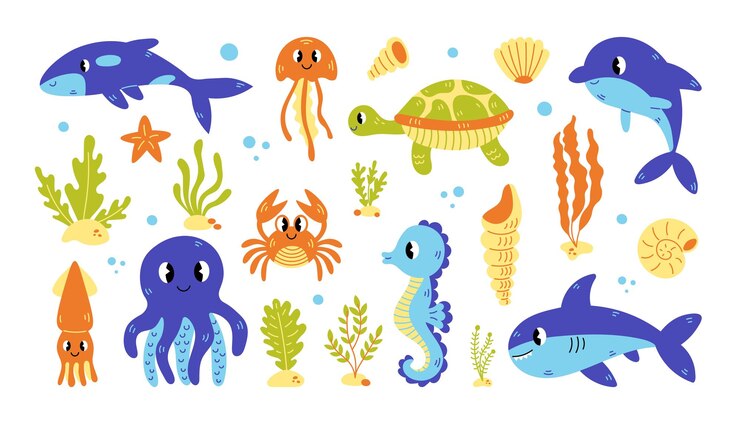 Sea life cute animals seaweeds shells collection vector illustration clipart set
