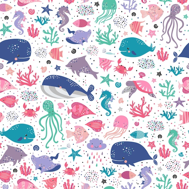 Sea life cute pattern.