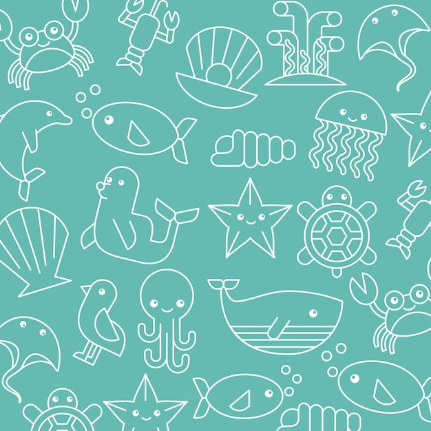 Vector sea life icons set flat draw