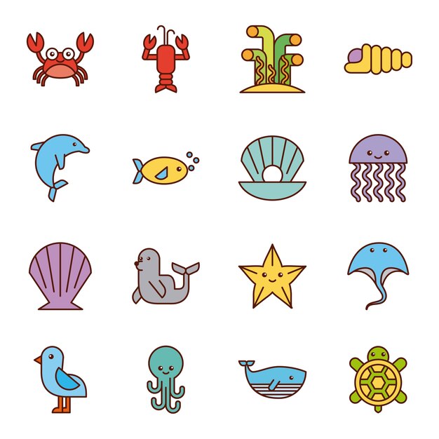 Vector sea life icons set flat draw