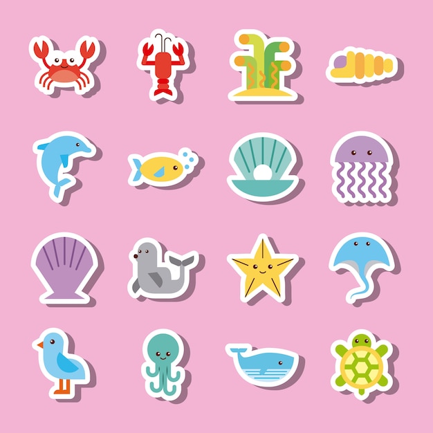 Sea life icons set flat draw