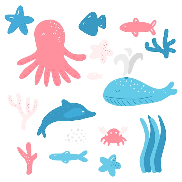 Set di illustrazioni di vita marina simpatico cartone animato polpo balena granchio pesce stelle marine alghe corallo delfino colorato vivaio bambini elementi di design marino nautico