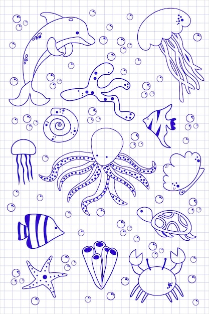 Premium Vector | Sea life outline set on school notebookpage funny fishs  corals shell seaweed image doodle design template vector illustration eps
