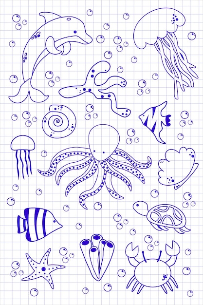 Vettore contorno sea life impostato su notebookpage scuola immagine di alghe con guscio di coralli pesci divertenti modello di disegno doodle illustrazione vettoriale eps