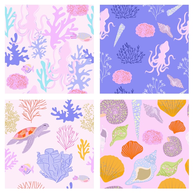 Sea life seamless pattern collection with coral sea animals seaweed sea shells editable vector i