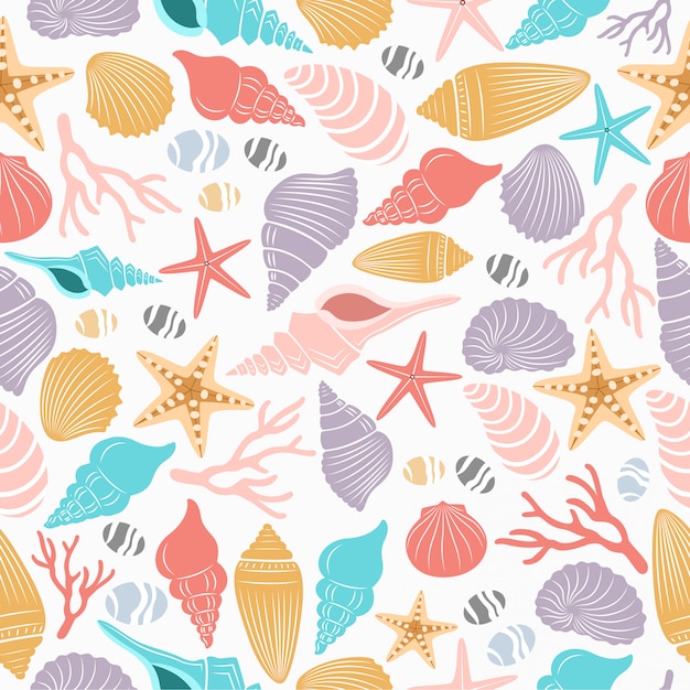 Sea life seamless pattern with shell and starfish