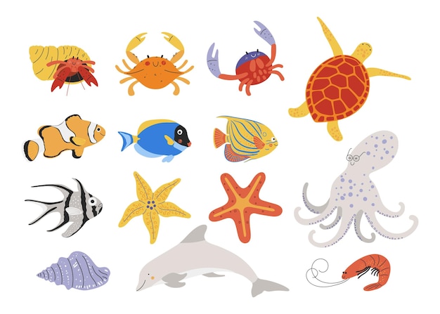 Sea life set Handgetekende kwallen krab zeepaardje kreeft vliegende vissen kogelvis