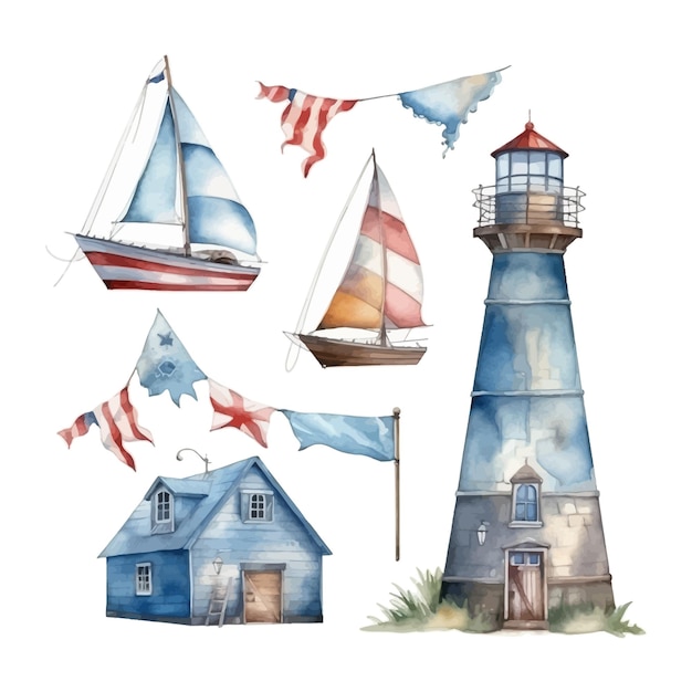 Sea Life Travel Nautical Ship Equipment watercolor set Lighthouse on the coast