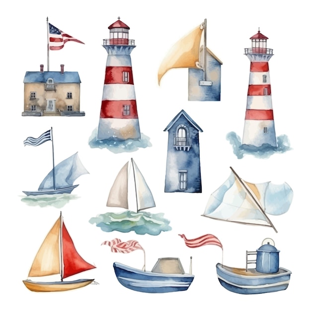 Sea Life Travel Nautical Ship Equipment watercolor set Lighthouse on the coast