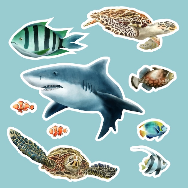 коллекция акварельных наклеек морской жизни