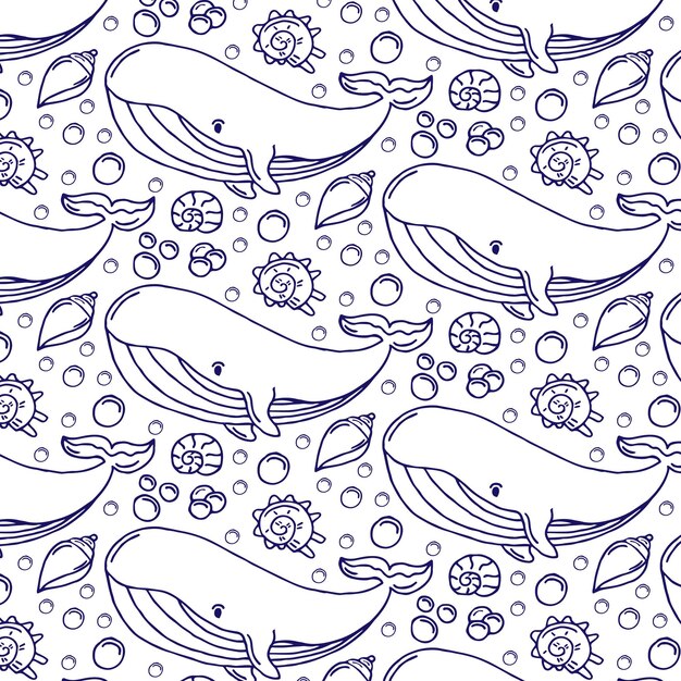 Sea life, whales, seashells seamless pattern