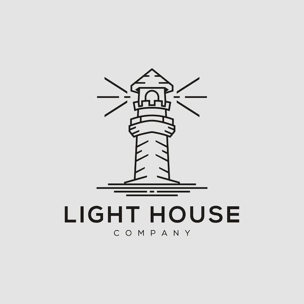 Illustrazione della torre della pancetta della casa della luce del mare con il disegno del logo in stile line art