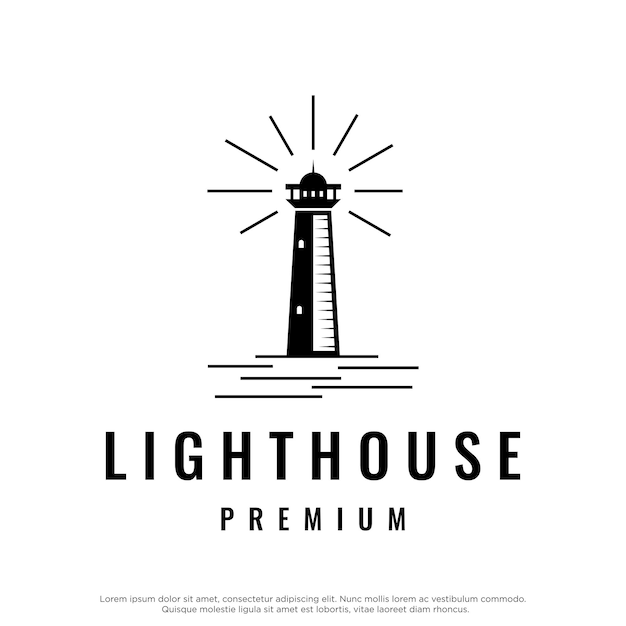 Sea lighthouse tower building creative logo design with spotlights vintage vector template