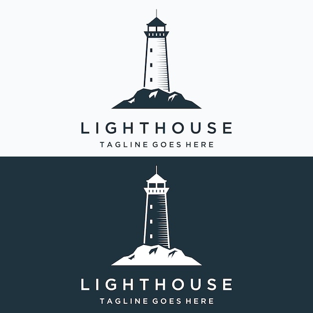 Sea lighthouse tower building creative logo design with spotlights vintage vector template