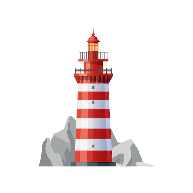 Sea lighthouse vector icon of ocean light house with rocks Beacon tower of marine beach with red white stripe pattern nautical navigation building isolated symbol of marine travel coastal safety