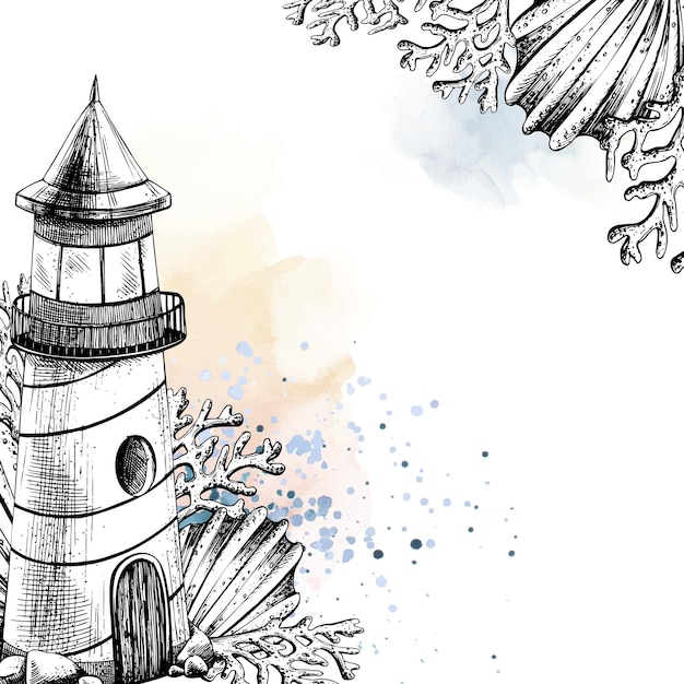 Sea lighthouse with corals and seashells illustration of hand drawn graphics vector in eps format