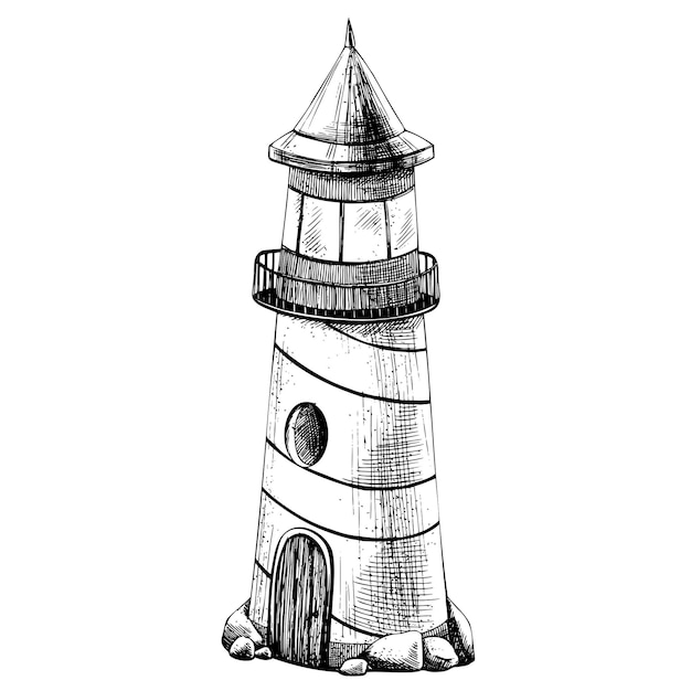 Sea lighthouse with stones Isolated object drawn by hand in graphic technique Vector illustration for summer nautical and beach decoration and design