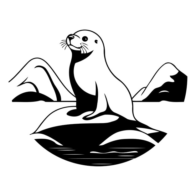 Vector sea lion on a rock in the sea vector illustration in cartoon style