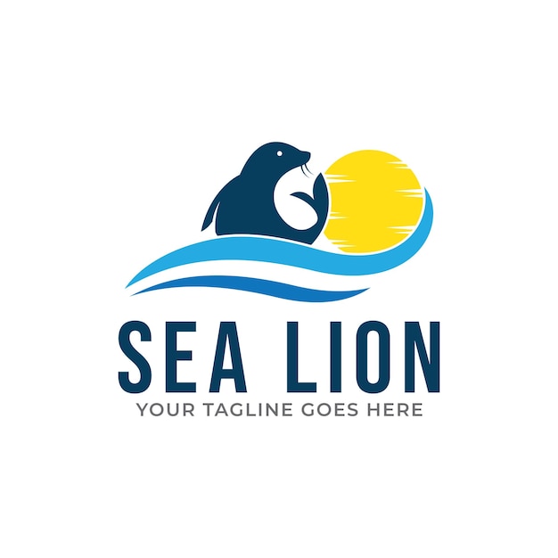 Sea lion and sun logo icon vector template.