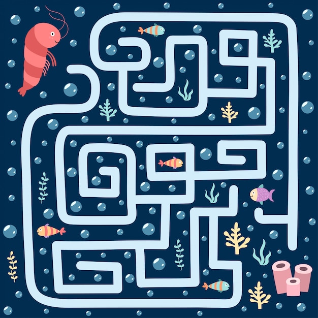 Sea maze game for kids. help the shrimp find the way to her home. underwater labyrinth worksheet.  illustration