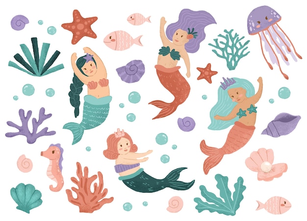 Вектор Коллекция наклеек sea mermaid illustration для ткани, льна, текстильных обоев