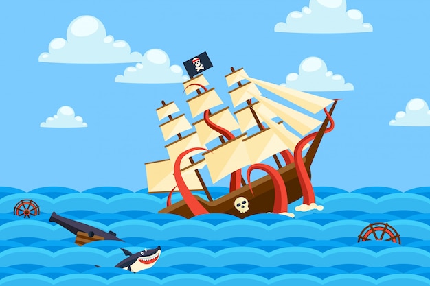 Premium Vector | Sea monster drowns ships in bottles, ocean illustration. creature s long tentacles carry pirate sailing ship under water. Premium Vector | Sea monster drowns ships in bottles, ocean illustration. creature s long tentacles carry pirate sailing ship under water.