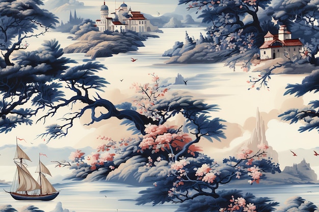 Sea and mountain landscape in chinese style background in traditional oriental minimalistic japane