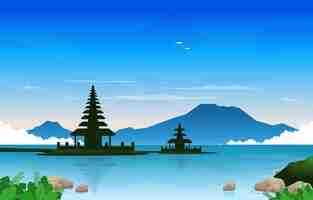 Vettore sea mountain temple beratan lake bedugul bali paesaggio vista illustrazione