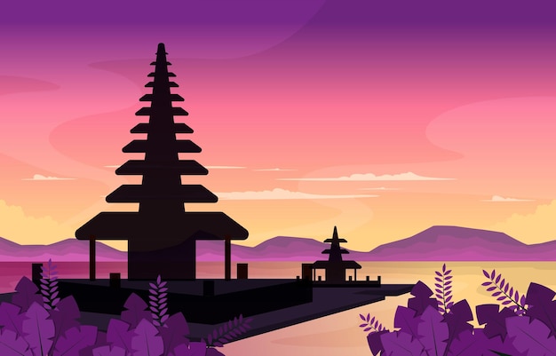 Vector sea mountain temple beratan lake bedugul bali landscape view illustration