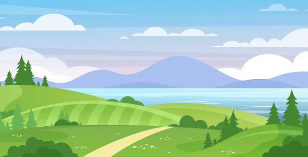 Sea and mountains landscape flat illustration. beautiful summer nature view. green hills with trees and blue mountain lake, sky with white clouds. resort, recreational place for tourists