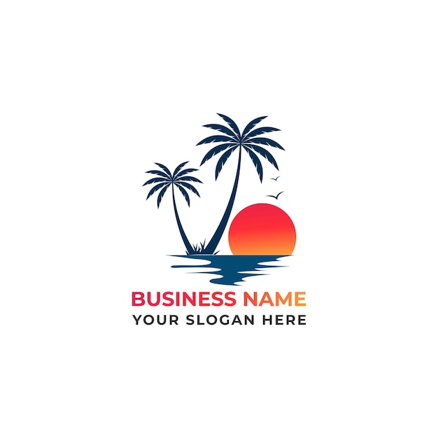 Sea and nature logo. palm tree logo. sea beach logo design. island logo travel outdoor  logo design