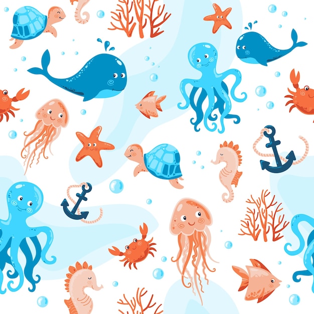 Vector sea and ocean animals seamless pattern wild marine creatures vector illustration for girls and boy