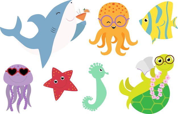 海と海の動物 サメ カメ メドゥー フィッシュ オクトーポス 海馬 星と魚 クリップアート