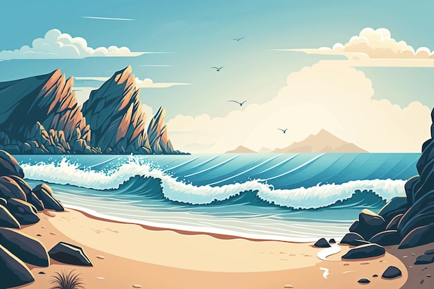 Vettore spiaggia di mare o oceano con onde e montagne sullo sfondo sfondo estivo illustrazione vettoriale eps 10