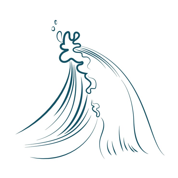 Vector sea or ocean high wave line sketch with foam bubbles on edge