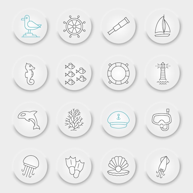 Sea and ocean line icon set