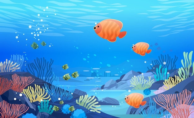 Sea or ocean marine fauna with fish and coral reef underwater recreational activity concept