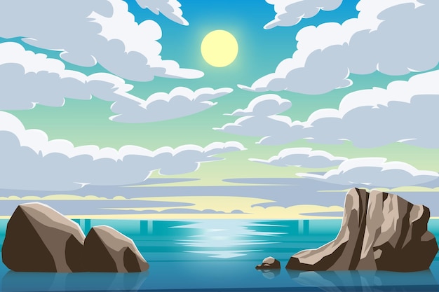 Vector sea ocean scenery at day light with sun and clouds background vector illustration