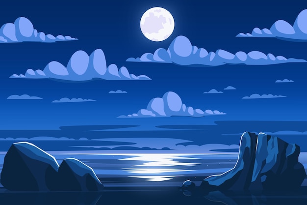 Paesaggio dell'oceano del mare alla notte con la luna piena e l'illustrazione di vettore del fondo della nuvola