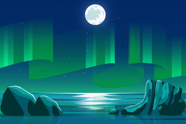 Paesaggio dell'oceano del mare alla notte con l'illustrazione verde di vettore del fondo dell'aurora