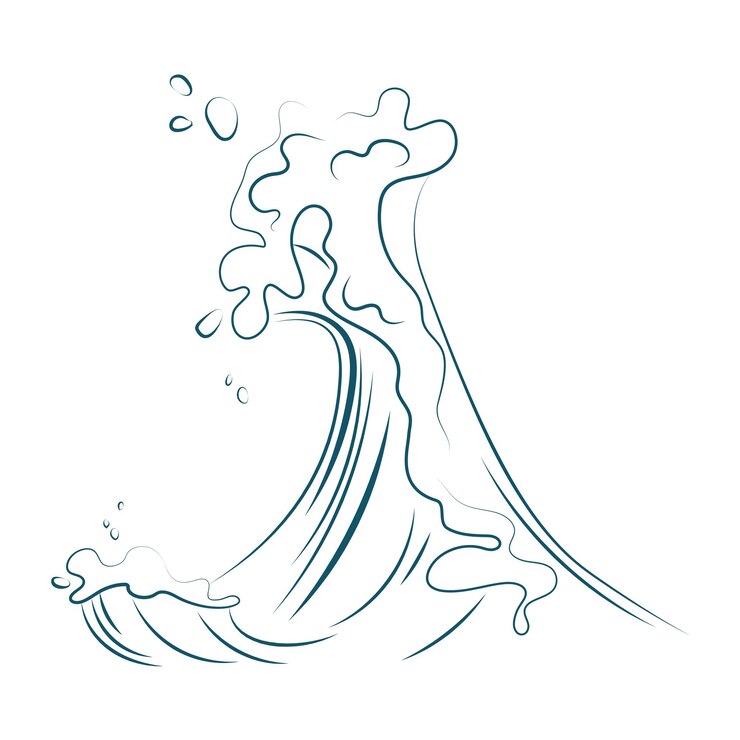 Vector sea or ocean storm wave line sketch storm wind water splashes