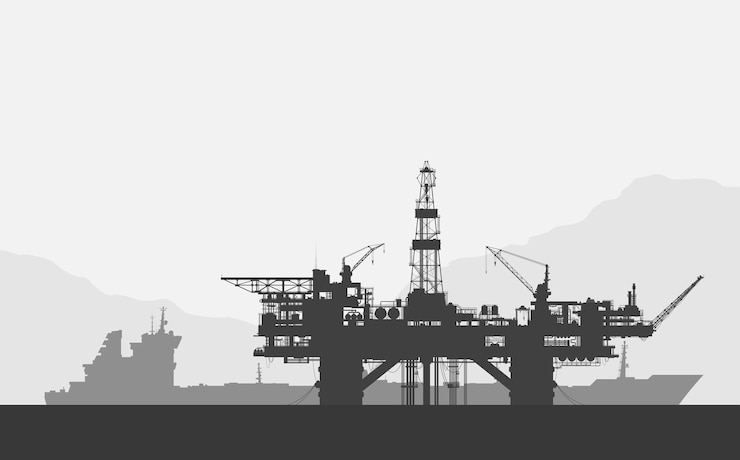 Vector sea oil drilling rig and tanker black and white illustration