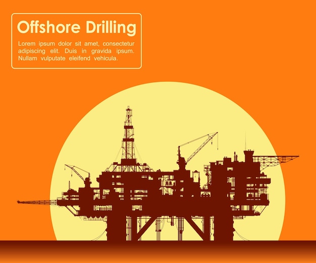 Sea oil rig offshore drilling platform in the sea over yellow sun detail vector illustration