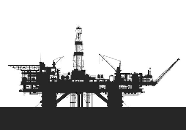 Вектор Морская нефтяная вышка. силуэт буровой платформы.