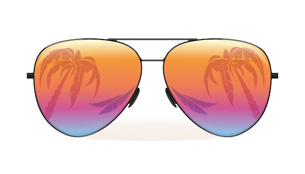 Sea and palm trees are reflected in sunglasses. Summer design. Vector illustration isolated on white background